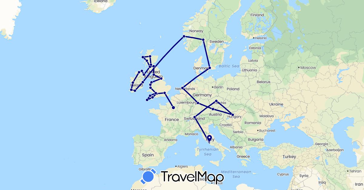 TravelMap itinerary: driving in Switzerland, Czech Republic, Germany, Denmark, France, United Kingdom, Hungary, Ireland, Italy, Netherlands, Norway (Europe)